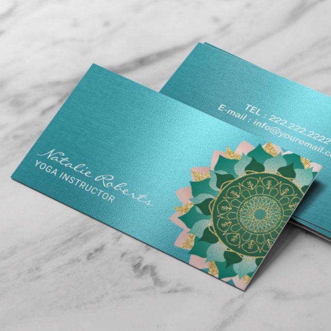 Yoga Instructor Turquoise Gold Mandala Flower Business Card (Creator Uploaded)