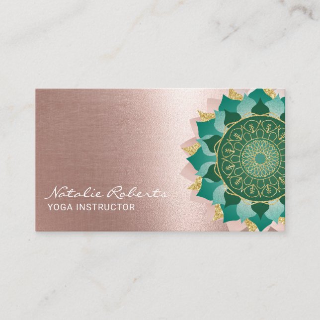 Yoga Instructor Turquoise Rose Gold Mandala Flower Business Card (Front)