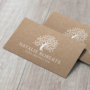 Yoga Instructor Vintage Tree Logo Rustic Kraft Business Card