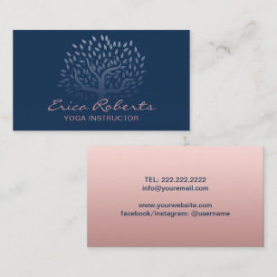 Yoga Instructor Vintage Tree Rose Gold Navy Blue Business Card