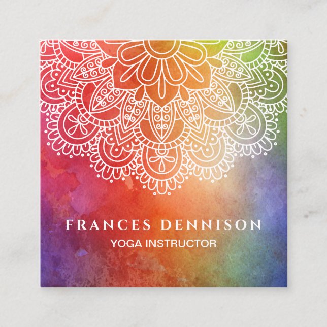 Yoga Instructor Watercolor Mandala Square Business Card (Front)