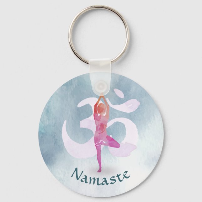 YOGA Instructor Watercolor Meditation Pose Om Sign Keychain (Front)