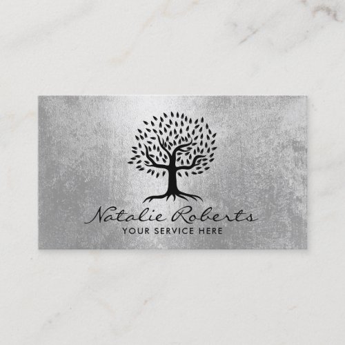 Yoga Instructor Wellness Spa Tree Modern Silver Business Card