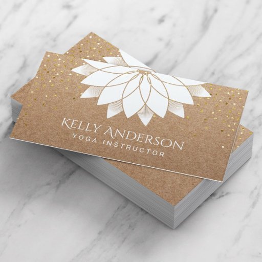 Customizable Yoga Instructor White Lotus Floral Rustic Kraft Business Card