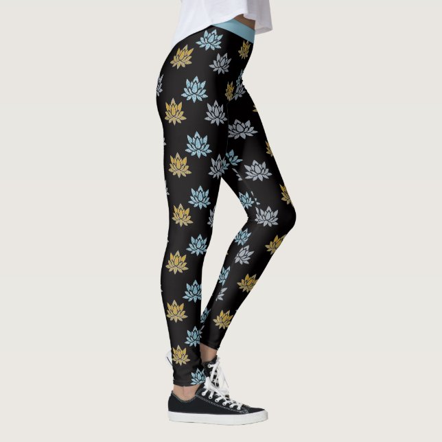 Yoga Lotus Flower Blue Gray Gold Leggings (Right)