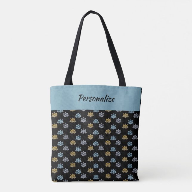 Yoga Lotus Flower Blue Gray Gold Personalized Tote Bag (Back)