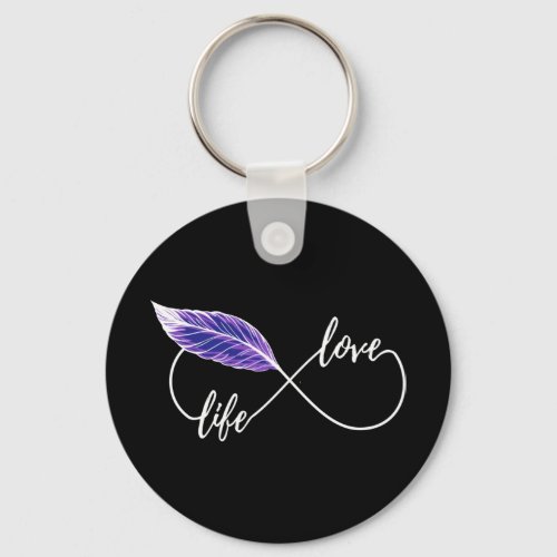 Yoga _ Love Life Eternity Symbol With Feather Blue Keychain