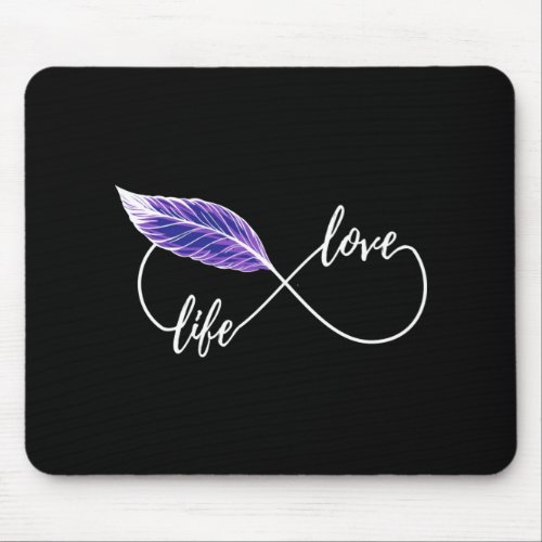 Yoga _ Love Life Eternity Symbol With Feather Blue Mouse Pad