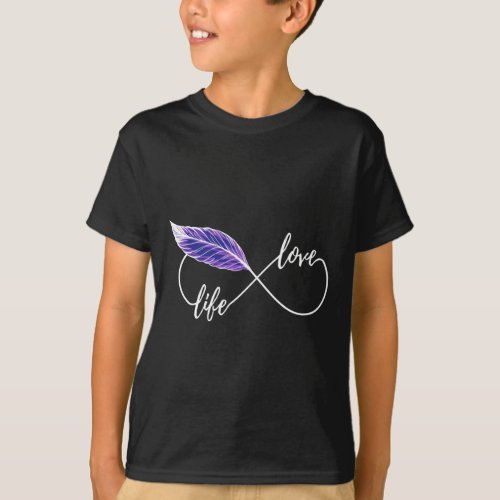 Yoga _ Love Life Eternity Symbol With Feather Blue T_Shirt