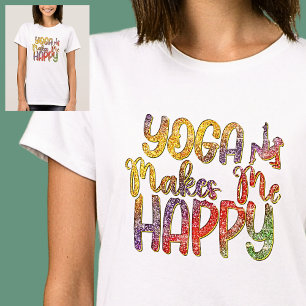 Yoga Makes Me Happy Pastel Rainbow on White T-Shirt