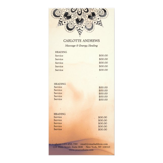 Yoga Mandala Sun Salon Price List Rack Card (Front)