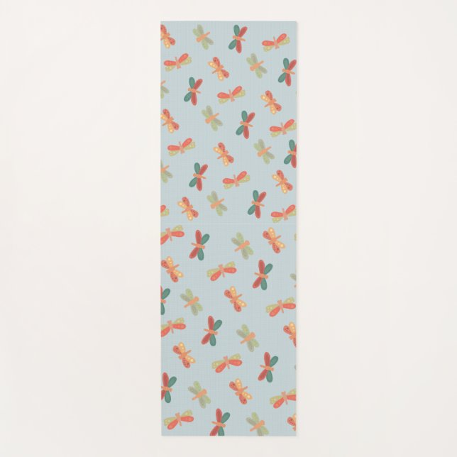 Yoga mat with cheerful dragonfly pattern.  (Front)