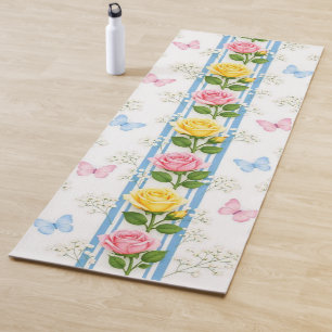 Yoga Mats Blue Pink & Yellow Roses Floral Stripe