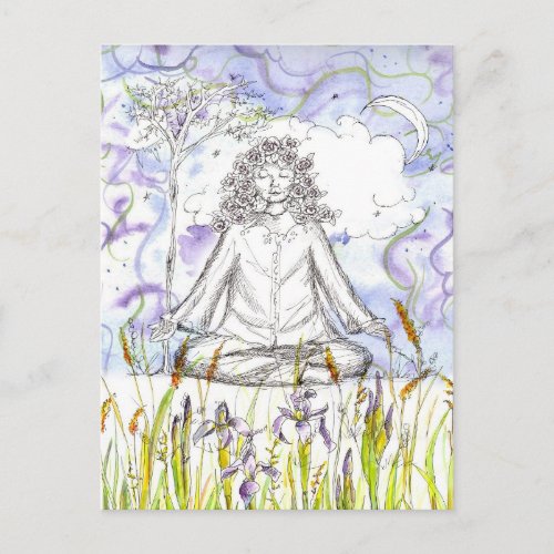Yoga Meditation Crescent Moon Watercolor Flowers Postcard