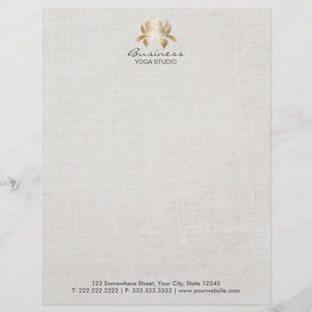 Yoga & Meditation Elegant Gold Lotus Faux Linen Letterhead (Front)