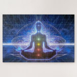 YOGA MEDITATION IN LOTUS POSITION WITH CHAKRA JIGSAW PUZZLE<br><div class="desc">A beautiful design featuring an intricate image in shades of blue and a touch of purple, showing a human figure in even darker shades of the same blue tints, with i white glowing outline, meditating in the lotus position. Right at the middle of the figure, the seven chakras are to...</div>