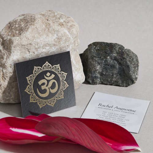 YOGA Meditation Instructor Black Gold OM Mandala Square Business Card