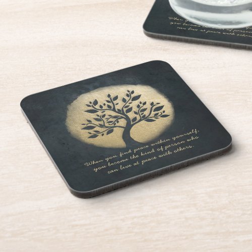 Yoga Meditation Instructor Black Gold Tree Quotes Beverage Coaster