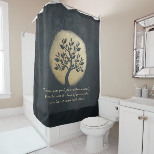 Yoga Meditation Instructor Black Gold Tree Quotes Shower Curtain