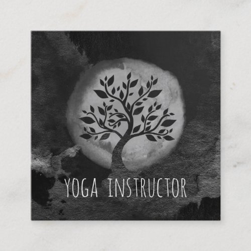 Yoga Meditation Instructor Black  White Tree Logo Square Business Card