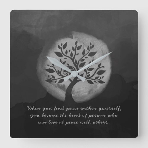 Yoga Meditation Instructor Black White Tree Quote Square Wall Clock