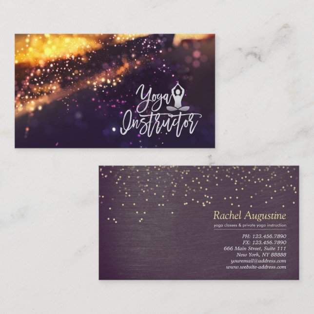 Yoga Meditation Instructor Blue Gold Bokeh Glitter Business Card (Front/Back)