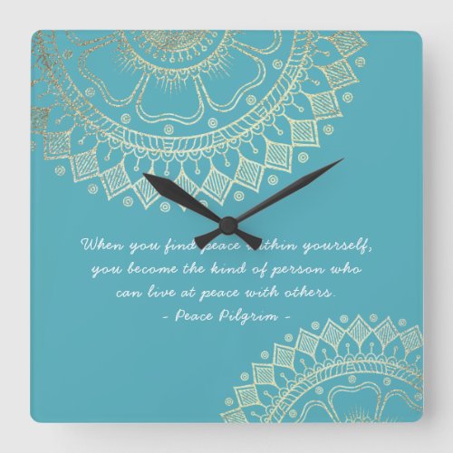 Yoga Meditation Instructor Blue Gold Mandala Quote Square Wall Clock