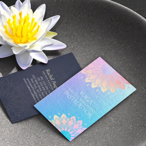 Yoga Meditation Instructor Blue Rose Gold Mandala Business Card