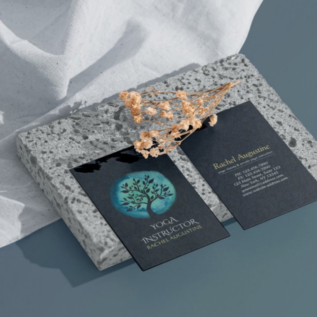 Yoga Meditation Instructor Elegant Black Teal Tree Business Card (Creator Uploaded)