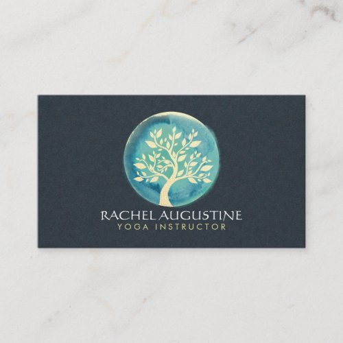 Yoga Meditation Instructor Elegant Teal Gold Tree Business Card