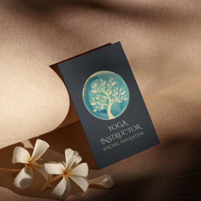 Yoga Meditation Instructor Elegant Teal Gold Tree Business Card (Creator Uploaded)