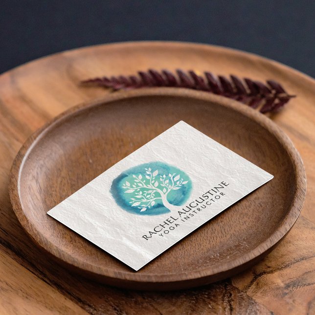 Yoga Meditation Instructor Elegant White Teal Tree Business Card (Creator Uploaded)
