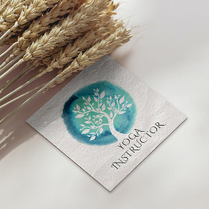 Yoga Meditation Instructor Elegant White Teal Tree Square Business Card