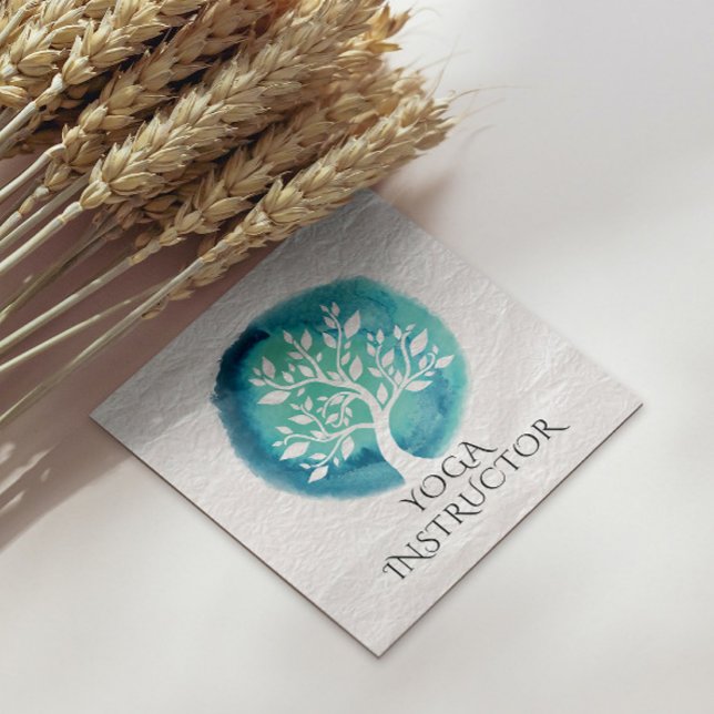 Yoga Meditation Instructor Elegant White Teal Tree Square Business Card (Creator Uploaded)