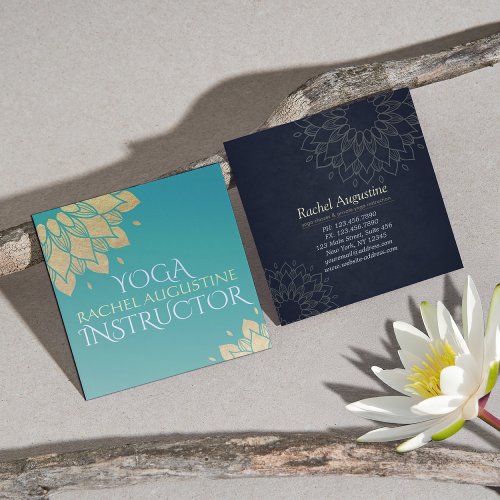 Yoga Meditation Instructor Gold Floral Mandala Square Business Card