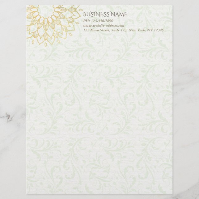 Yoga Meditation Instructor Gold Mandala Flowers Letterhead (Front)