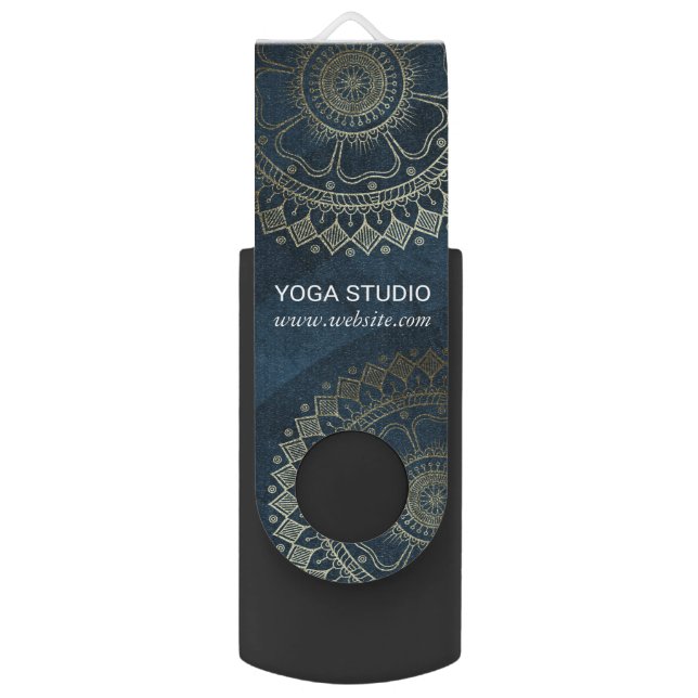 Yoga Meditation Instructor Gold Mandala Navy Blue Flash Drive (Front Vertical)
