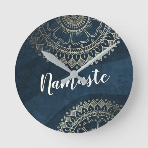 Yoga Meditation Instructor Gold Mandala Navy Blue  Round Clock