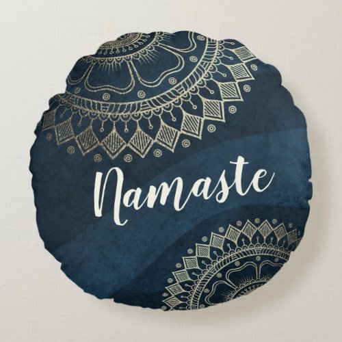 Yoga Meditation Instructor Gold Mandala Navy Blue  Round Pillow