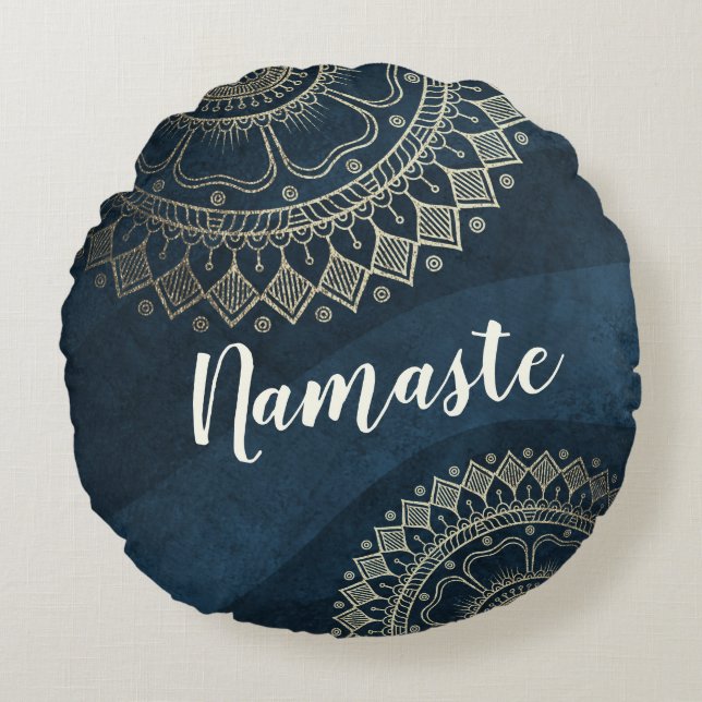 Yoga Meditation Instructor Gold Mandala Navy Blue  Round Pillow (Front)