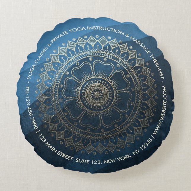 Yoga Meditation Instructor Gold Mandala Navy Blue Round Pillow (Front)