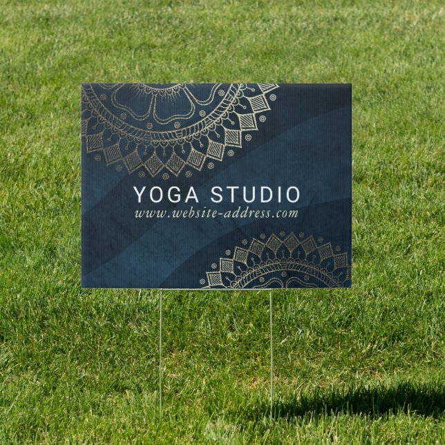 Yoga Meditation Instructor Gold Mandala Navy Blue Sign (Insitu)