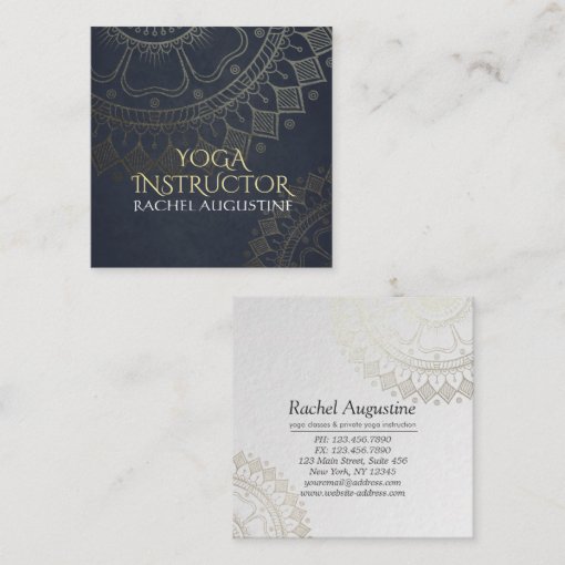 Yoga Meditation Instructor Gold Mandala Navy Blue Square Business Card Zazzle