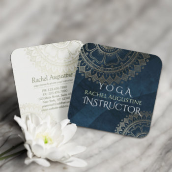 Yoga Meditation Instructor Gold Mandala Navy Blue Square Business Card by ReadyCardCard at Zazzle