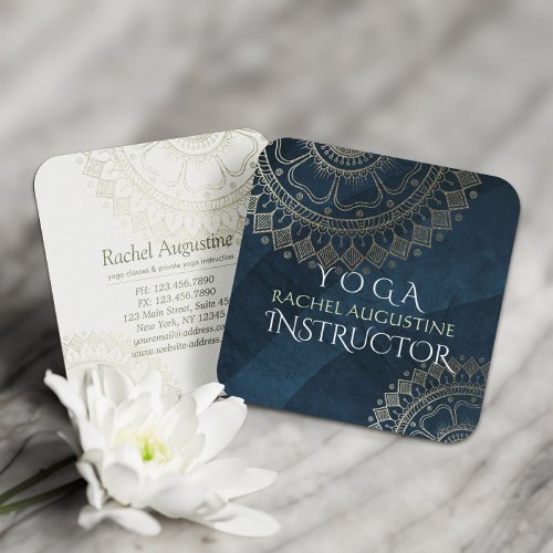 Yoga Meditation Instructor Gold Mandala Navy Blue Square Business Card
