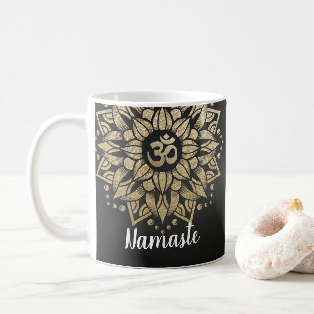 Yoga Meditation Instructor Gold Mandala Om Symbol Coffee Mug (With Donut)