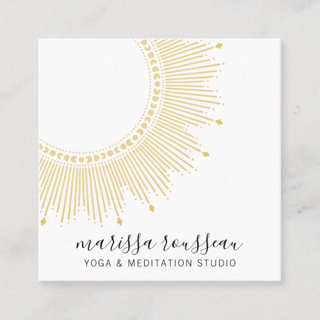 Yoga Meditation Instructor Gold Sun Mandala Square Business Card (Front)
