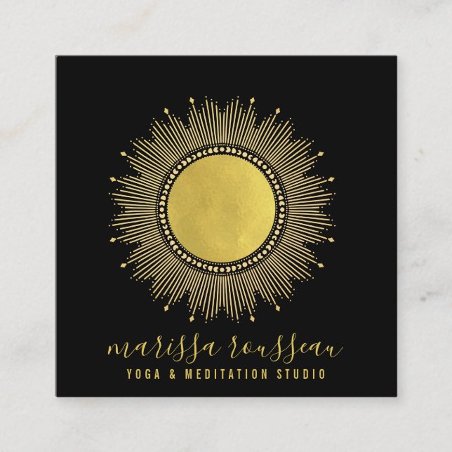 Yoga Meditation Instructor Gold Sun Mandala Square Square Business Card (Front)