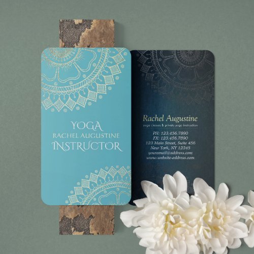 Yoga Meditation Instructor Green Blue Gold Mandala Business Card