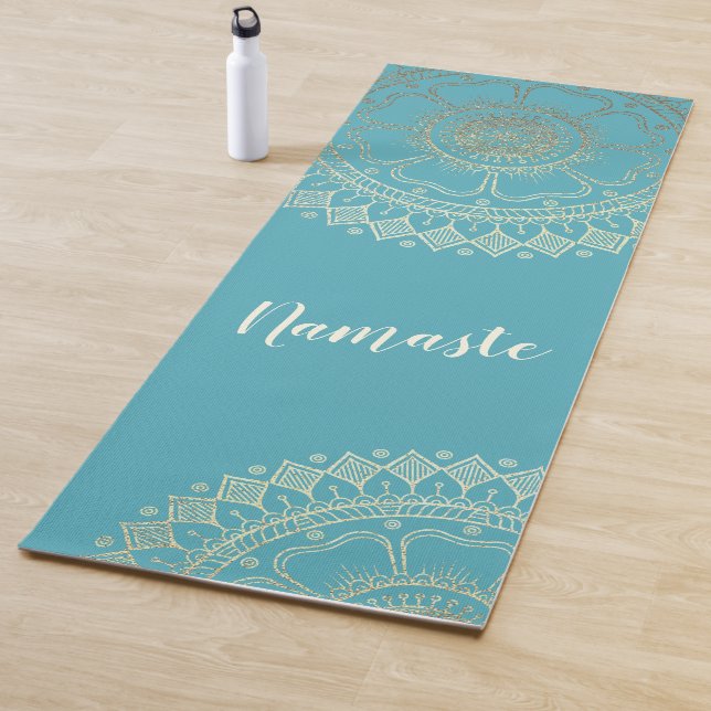Yoga Meditation Instructor Green Blue Gold Mandala Mat (In Situ)